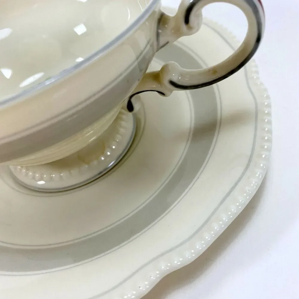 Vtg Castleton China Tudor Rose USA Tea Cup & Saucer Bone China Footed Cup Gray
